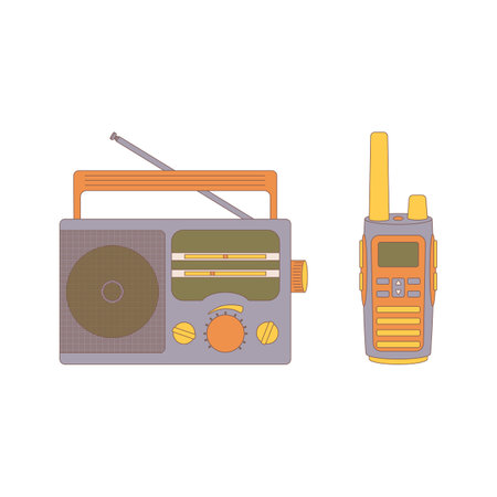 Walkie-talkie, radio. Drawn elements for camping and hiking. Wilderness survival, travel, hiking, outdoor recreation, tourism. Flat vector illustration isolated on white background.のイラスト素材