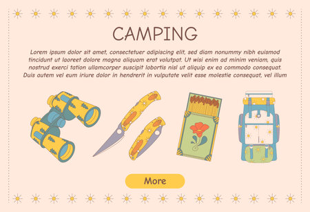 Promotional flyer for camping, travel, hiking, picnic. Vector illustration for poster, banner, cover, advertisement, web page. Flat vector illustration isolated on white background.のイラスト素材