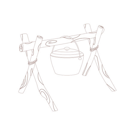 Cauldron. Drawn elements for camping and hiking. Wilderness survival, travel, hiking, outdoor recreation, tourism. Flat vector illustration isolated on white background.のイラスト素材