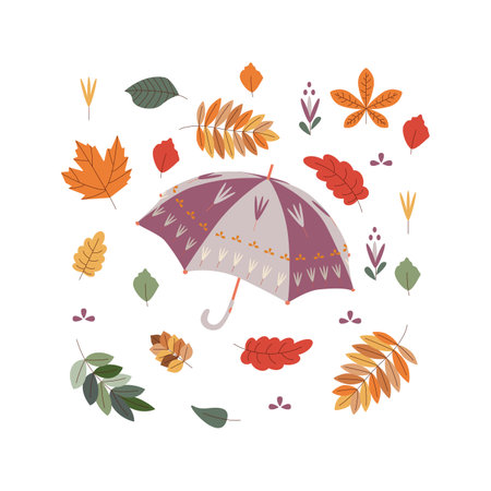 Umbrella leaves. hello autumn. Autumn season element, icon. Flat vector illustration isolated on white background.のイラスト素材