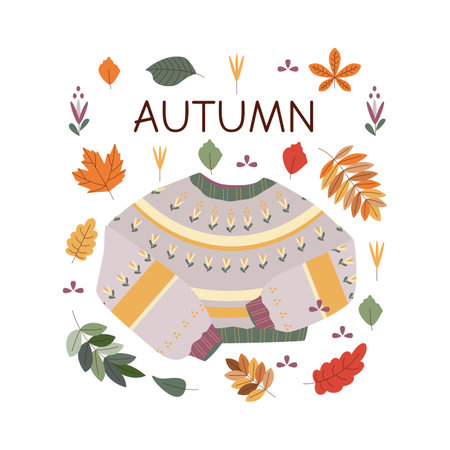 Leaves, knitted sweater. hello autumn. Autumn season element, icon. Flat vector illustration isolated on white background.のイラスト素材