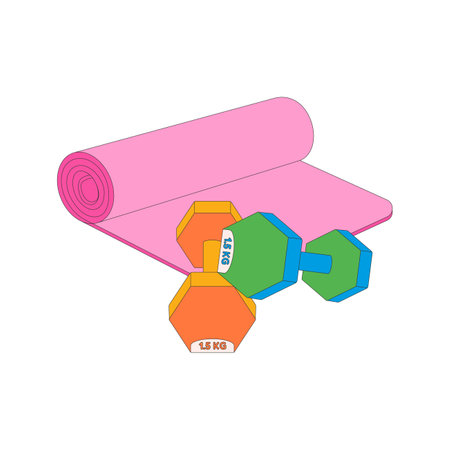 A mat, dumbbells. sport equipment. fitness inventory. Flat vector illustration isolated on white background.のイラスト素材