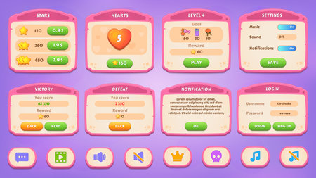 GUI Kit casual assets for a game mobile, a set of user interface elements and pop-ups for the game interface. Vector UI objects.のイラスト素材