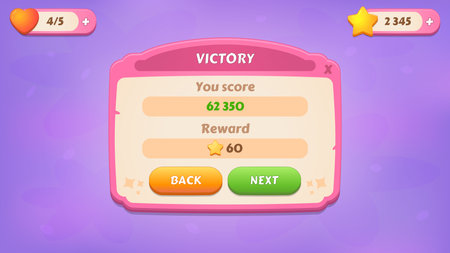 Victory. GUI Kit casual assets for a game mobile, a set of user interface elements and pop-ups for the game interface. Vector UI objects.のイラスト素材