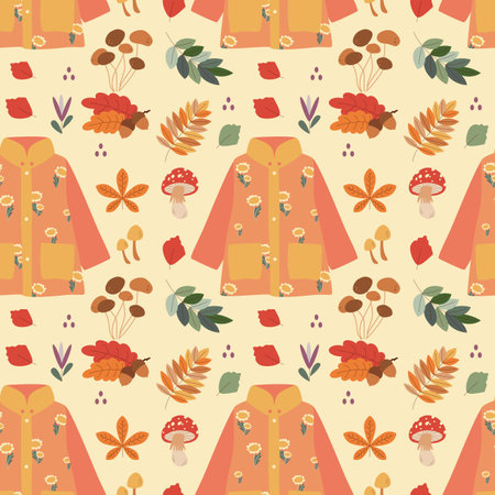Pattern with raincoat, mushroom, leaves. hello autumn. Elements on the autumn theme. Flat vector illustration.のイラスト素材