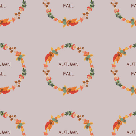 Pattern with chestnut, acorn, mushroom, leaves. hello autumn. Elements on the autumn theme. Flat vector illustration.のイラスト素材