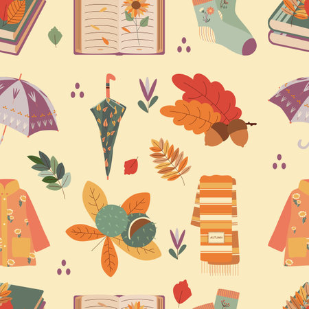 Pattern with umbrella, scarf, raincoat, chestnut, acorn, book, leaves. hello autumn. Elements on the autumn theme. Flat vector illustration.のイラスト素材