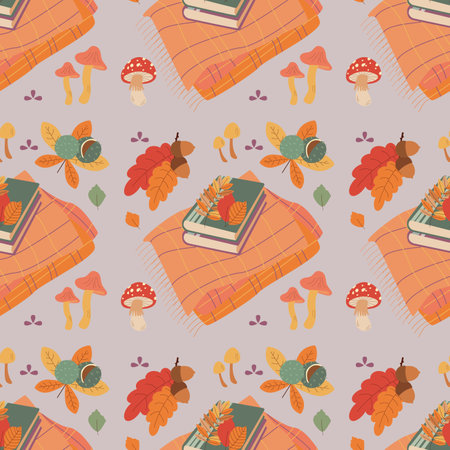 Pattern with chestnut, acorn, mushroom, book, leaves, plaid. hello autumn. Elements on the autumn theme. Flat vector illustration.のイラスト素材