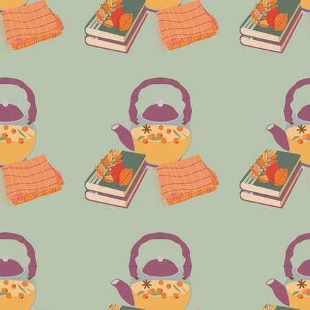 Pattern with book, tea, plaid. hello autumn. Elements on the autumn theme. Flat vector illustration.のイラスト素材