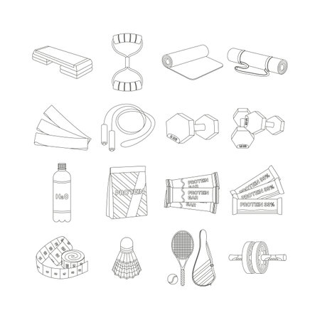Step platform, expander, mat, jump rope, dumbbells, water, protein, centimeter, shuttlecock, racket and ball for tennis, the roller for the press is double. sport equipment. fitness inventory.のイラスト素材