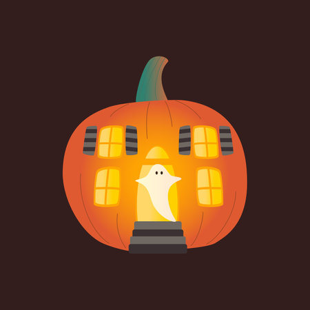 Halloween pumpkins, autumn holiday. Pumpkin house with cut out windows, doors and ghost. Flat vector illustration.のイラスト素材