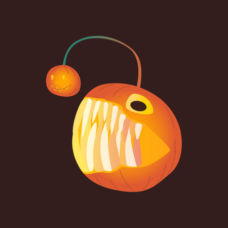 Halloween pumpkins, autumn holiday. A pumpkin fish with a carved smile and big teeth. Flat vector illustration.のイラスト素材