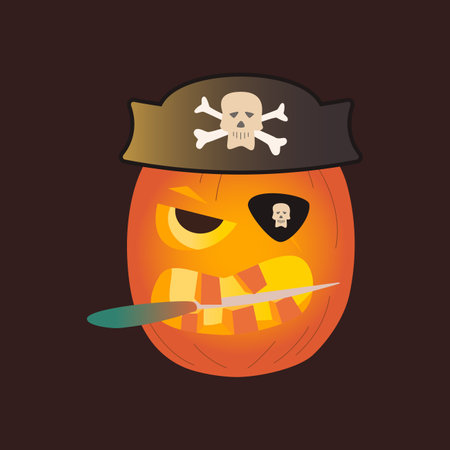 Halloween pumpkins, autumn holiday. Pirate pumpkin with a carved smile. Flat vector illustration.のイラスト素材