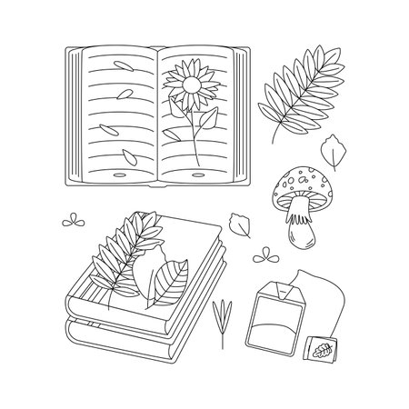 Mushroom, book, sock, leaves, tea. hello autumn. Autumn season element, icon. Flat vector illustration isolated on white background. line art.のイラスト素材