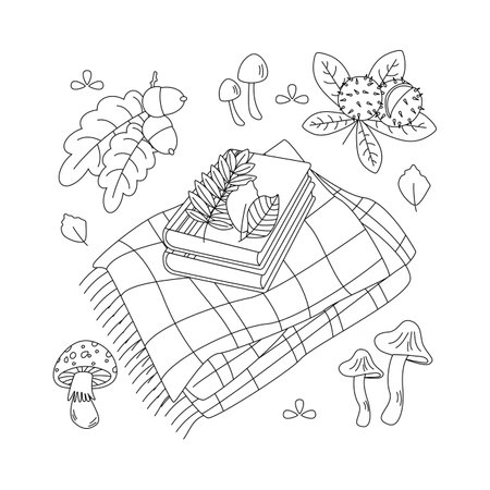 Chestnut, acorn, mushroom, book, leaves, plaid. hello autumn. Autumn season element, icon. Flat vector illustration isolated on white background. line art.のイラスト素材