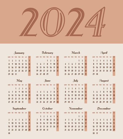 Calendar 2024 year. Week starts on Monday. Design for planner, printing, stationery, organizer. Vector template.のイラスト素材