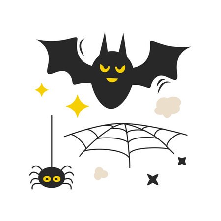 Halloween cartoon elements. Bat and spider. Hand drawn vector illustration.のイラスト素材