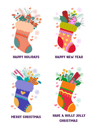 Happy new year and Merry Christmas greeting card with sock and decor, twigs, snowflakes, gift boxes, leaves, cinnamon. Flat vector illustration.のイラスト素材