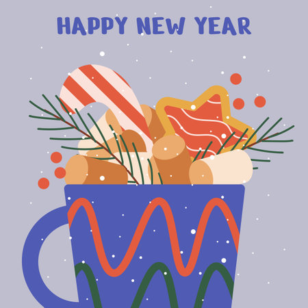 Happy new year and Merry Christmas greeting card with a cup and elements, cream, twigs, cookies, Christmas tree. Flat vector illustration.のイラスト素材