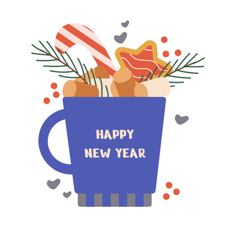 Happy new year and Merry Christmas greeting card with a cup and elements, cream, twigs, cookies, Christmas tree. Flat vector illustration.のイラスト素材