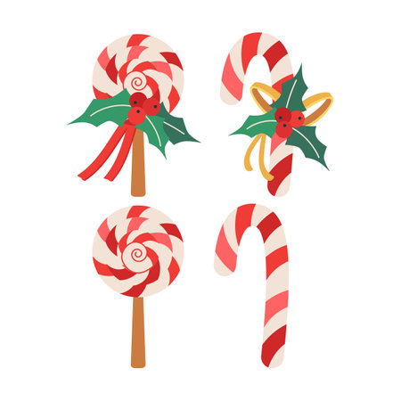 Set of Christmas lollipop, stick, with ribbon, berries, and mistletoe leaves. Winter holiday elements. Flat vector illustration isolated on white background.のイラスト素材