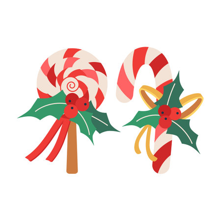 Set of Christmas lollipop, stick, with ribbon, berries, and mistletoe leaves. Winter holiday elements. Flat vector illustration isolated on white background.のイラスト素材