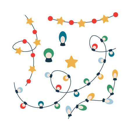 Set of Christmas garland with light bulbs, stars. Winter holiday elements. Flat vector illustration isolated on white background.のイラスト素材