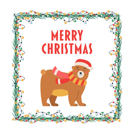 Christmas lettering, text and bear, frame, garland with light bulbs, tree branch. Flat vector illustration isolated on white background.のイラスト素材