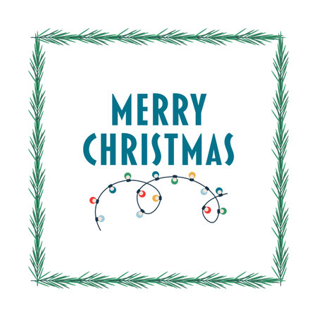 Christmas lettering, text and garland, frame with tree branch. Flat vector illustration isolated on white background.のイラスト素材
