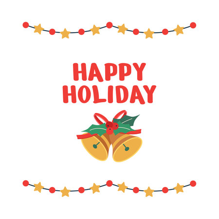 Christmas lettering, text and bells, frame, garland with stars, light bulbs. Flat vector illustration isolated on white background.のイラスト素材