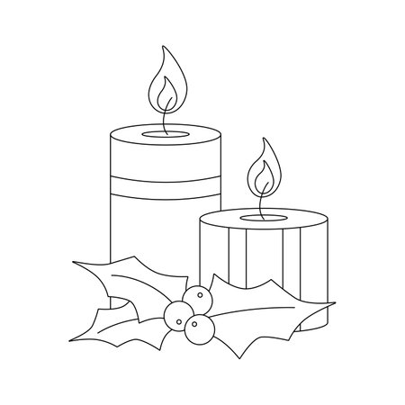 Christmas candles with berries and mistletoe leaves. Winter holiday elements. Flat vector illustration isolated on white background.のイラスト素材