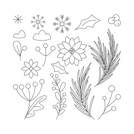 Set of Christmas branch with berries and leaves, red flower, tree branch. Winter holiday elements. Flat vector illustration isolated on white background.のイラスト素材