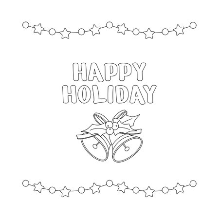 Christmas lettering, text and bells, frame, garland with stars, light bulbs. Flat vector illustration isolated on white background.のイラスト素材