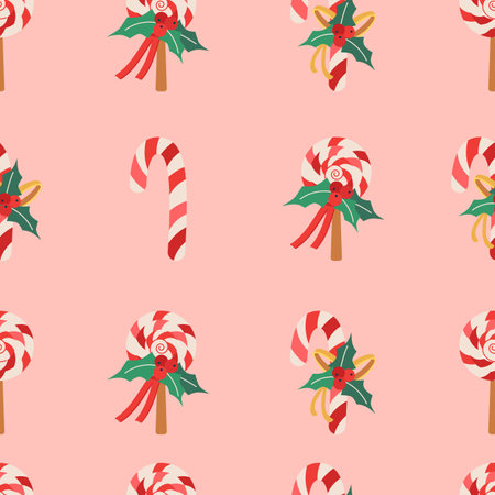 Christmas pattern with lollipop with ribbon, berries, and mistletoe leaves. Flat vector illustration.のイラスト素材