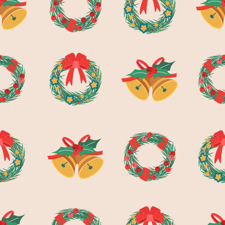 Christmas pattern with wreath with mistletoe berries, bell. Flat vector illustration.のイラスト素材