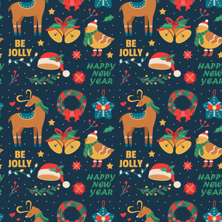 Christmas pattern with toy, deer, wreath with mistletoe berries, bird, bell, text. Flat vector illustration.のイラスト素材