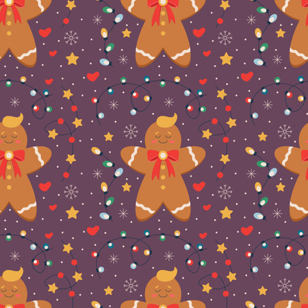 Christmas pattern with gingerbread, garland with light bulbs, stars. Flat vector illustration.のイラスト素材