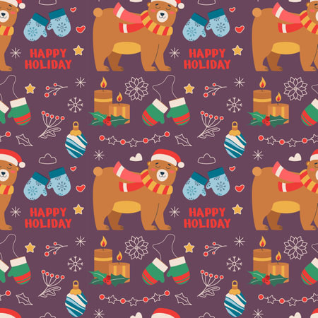 Christmas pattern with toy, gloves, snowflakes, candles, bear, text, garland. Flat vector illustration.のイラスト素材