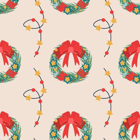 Christmas pattern with wreath, mistletoe, red ribbon and bow, garland with light bulbs. Flat vector illustration.のイラスト素材