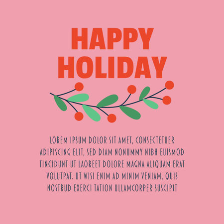 Postcard with text happy holidays, lettering, branch with berries and leaves. Flat vector illustration.のイラスト素材