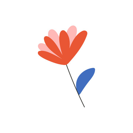 Red flower with leaves. Symbol of love, romance. Design for Valentine's Day. Spring element. Flat vector illustration isolated on white background.のイラスト素材
