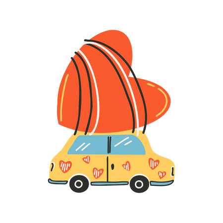 The yellow car that carries the heart. Symbol of love, romance. Design for Valentine's Day. Flat vector illustration isolated on white background.のイラスト素材