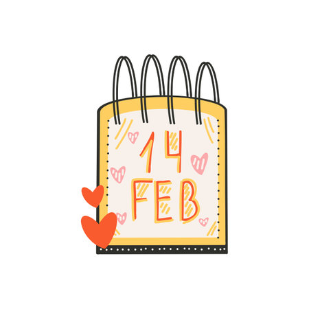 Calendar with text February 14. Symbol of love, romance. Design for Valentine's Day. Flat vector illustration isolated on white background.のイラスト素材