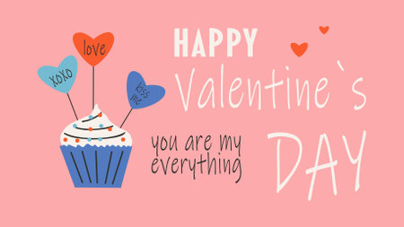 Banner for Saint Valentine's day, 14 February. Hand drawn cards with cupcake, heart, text. Flat...