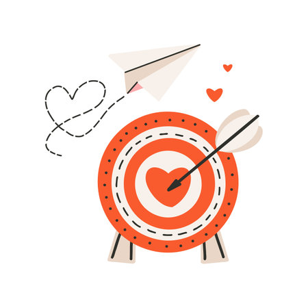 Set of elements for St. Valentine's Day, target with a heart in the middle and an arrow, paper plane with a heart. Symbol of love, romance. Flat vector illustration.のイラスト素材