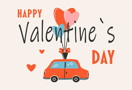 Postcard template for Saint Valentine's day, 14 February. Hand drawn cards with car that carries the balloons, heart, text. Flat vector illustration.のイラスト素材