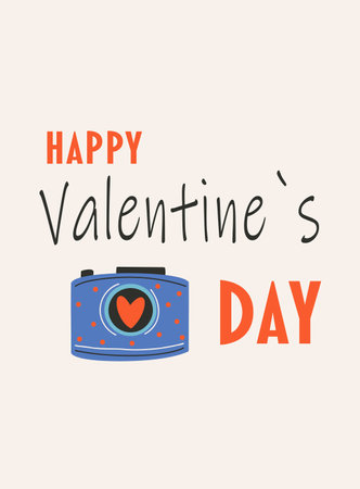 Card template for Saint Valentine's day, 14 February. Hand drawn cards with camera, heart, text. Flat vector illustration.のイラスト素材