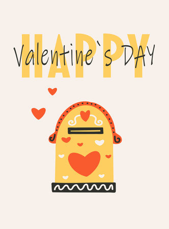 Postcard template for Saint Valentine's day, 14 February. Hand drawn cards with mailbox, heart, text. Flat vector illustration.のイラスト素材