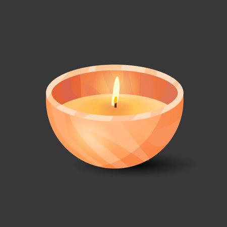 Wax candle burning in a candlestick, on a dark background. Vector illustrationのイラスト素材