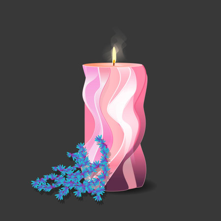 Interesting Shape Pink Wax Candle with Flowers Next to It. Vector illustrationのイラスト素材
